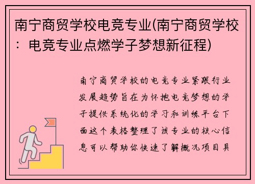 南宁商贸学校电竞专业(南宁商贸学校：电竞专业点燃学子梦想新征程)